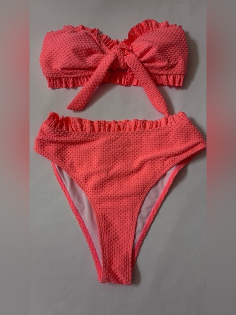 SHEIN Coral Pink Textured Tie-Front High-Waist Bikini